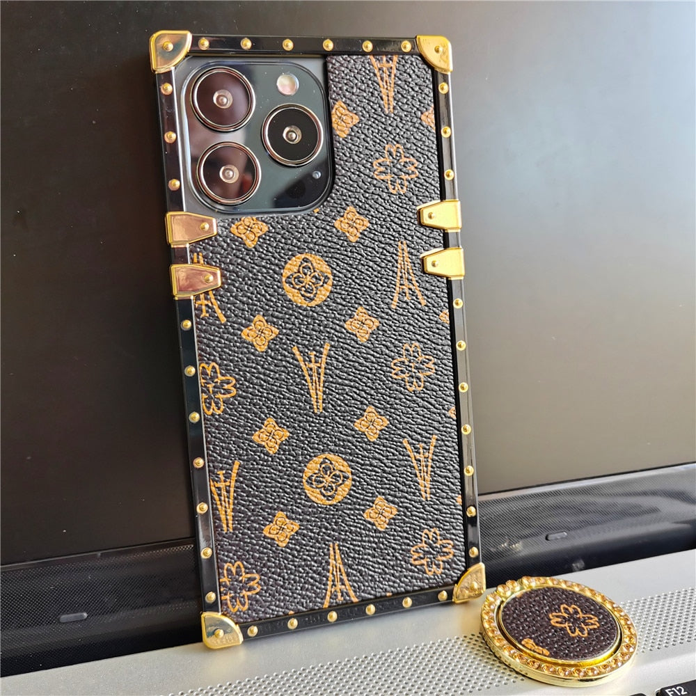 Luxury Flower Geometric Pattern Square Leather Phone Case For iPhone 14 PRO MAX 13 PRO 12 11 X XS XR 6S 7 8 14 Plus Soft Cover