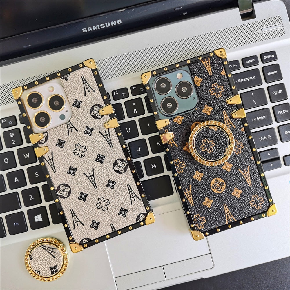 Luxury Flower Geometric Pattern Square Leather Phone Case For iPhone 14 PRO MAX 13 PRO 12 11 X XS XR 6S 7 8 14 Plus Soft Cover