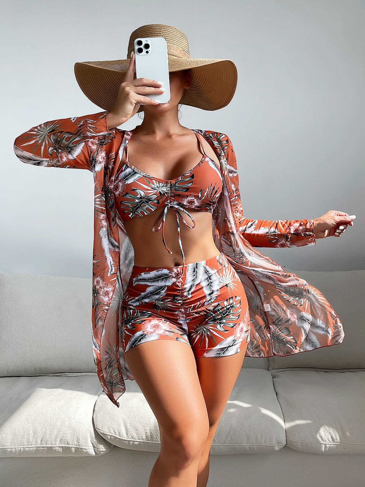 Women&#39;s Swimsuit 3PCS Sexy Bikini Swimsuit Woman 2023 Floral Print Bikinis Sets Cover Up Separate Swimsuit Beach Bathing Suit