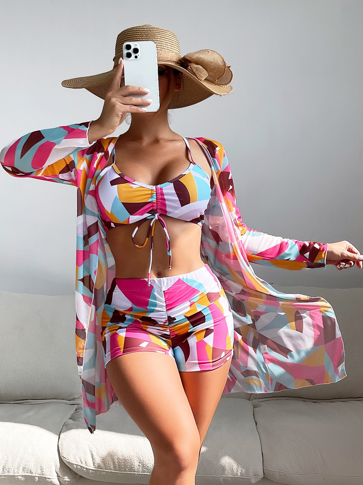 Women&#39;s Swimsuit 3PCS Sexy Bikini Swimsuit Woman 2023 Floral Print Bikinis Sets Cover Up Separate Swimsuit Beach Bathing Suit