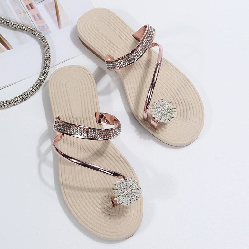 Set-Toe Sandals And Slippers Women Summer New Beach Rhinestone Luxury Flat Sandals Pantufa Feminina Sandali Donna 2022 Ete