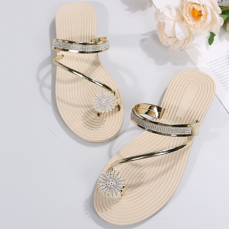 Set-Toe Sandals And Slippers Women Summer New Beach Rhinestone Luxury Flat Sandals Pantufa Feminina Sandali Donna 2022 Ete