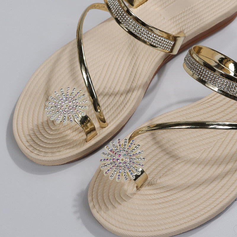 Set-Toe Sandals And Slippers Women Summer New Beach Rhinestone Luxury Flat Sandals Pantufa Feminina Sandali Donna 2022 Ete