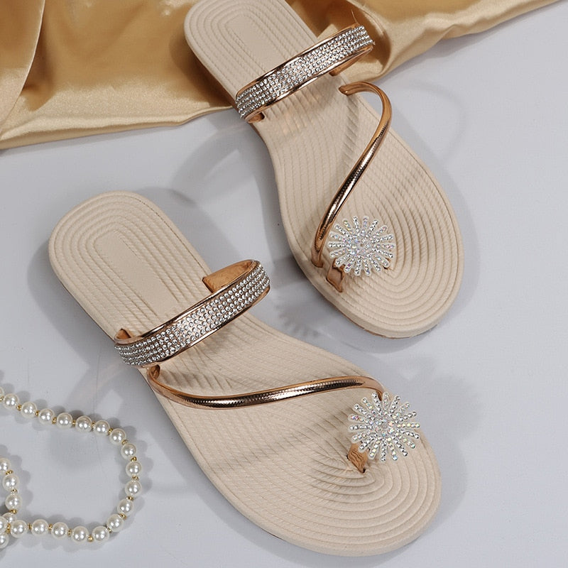 Set-Toe Sandals And Slippers Women Summer New Beach Rhinestone Luxury Flat Sandals Pantufa Feminina Sandali Donna 2022 Ete