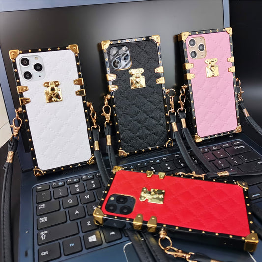 Fashion Plaid Square Leather Case for iphone 14 PRO MAX 11 12 PRO XS XR X 7 8 14 Plus Lanyard Strap Cover for iphone 13 PRO MAX