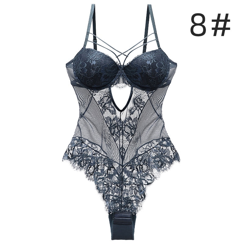 Sexy Lingerie For Women Bodysuit Lace Push Up Underwire Floral Pattern Hollow Out Back Bra and Panties Set Gift For Girlfriend