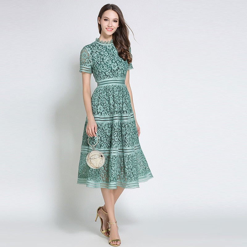 Summer Women High Quality Elegant Slim Hollow Out A-line Lace Midi Dress self portrait dress vestidos green white pink