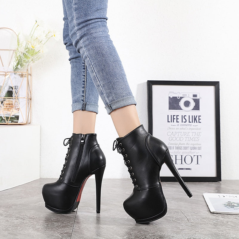 Women Autumn Ankle Boots Sexy High Heels Platform Boots Round Toe Leather Booties Black Shoes Ladies Party Shoes New 2022