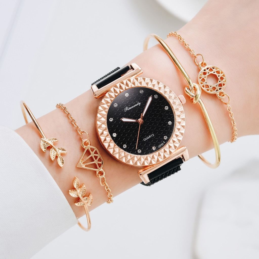 Luxury 5pcs Set Bracelet Watch Women Elegant Magnet Diamond Ladies Quartz Wrist Watch Dress Pink Clock Reloj Mujer Dropshipping
