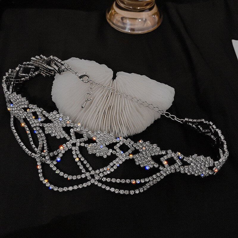 FYUAN Hollow Geometric Crystal Choker Necklaces for Women Long Tassel Rhinestone Necklaces Weddings Jewelry