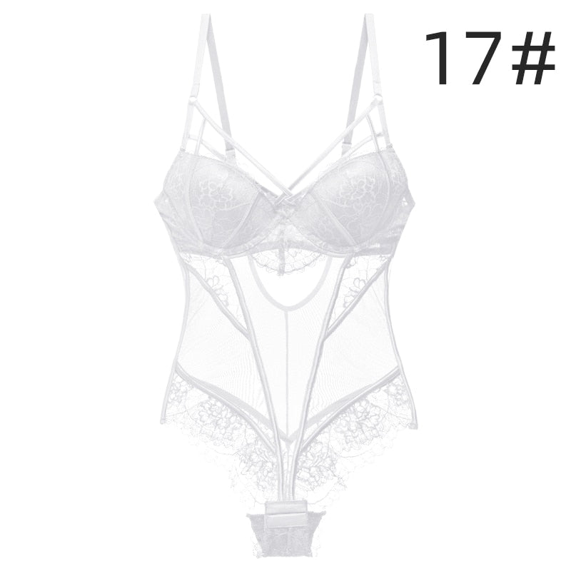 Sexy Lingerie For Women Bodysuit Lace Push Up Underwire Floral Pattern Hollow Out Back Bra and Panties Set Gift For Girlfriend