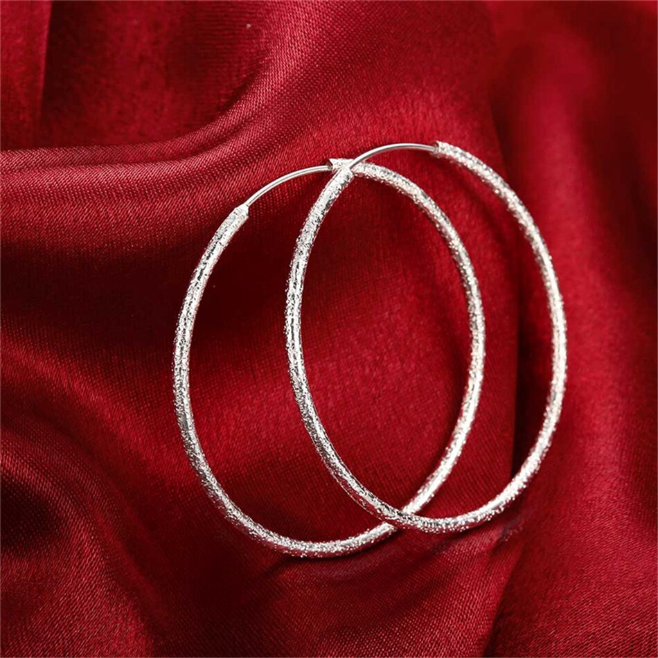 DOTEFFIL 925 Sterling Silver Matte Round Circle 50/60mm Hoop Earring For Woman Wedding Engagement Party Fashion Charm Jewelry