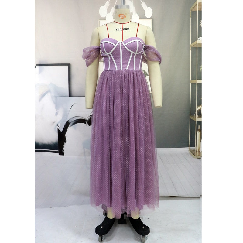 Women Retro Dress Fashion New Short Sleeve Solid Mid Length Dress Sexy Off Shoulder Purple Party Dress