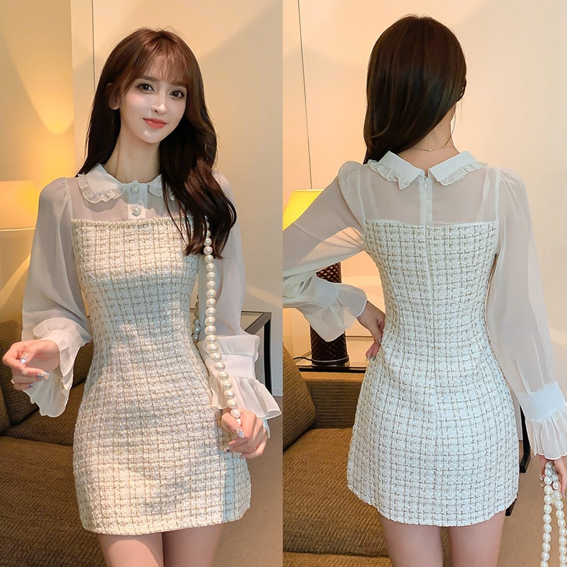 Fashion Women Woollen Dress Autumn Winter Plaid Tweed Patchwork Chiffon Peter Pan Collar A Line Short Dress