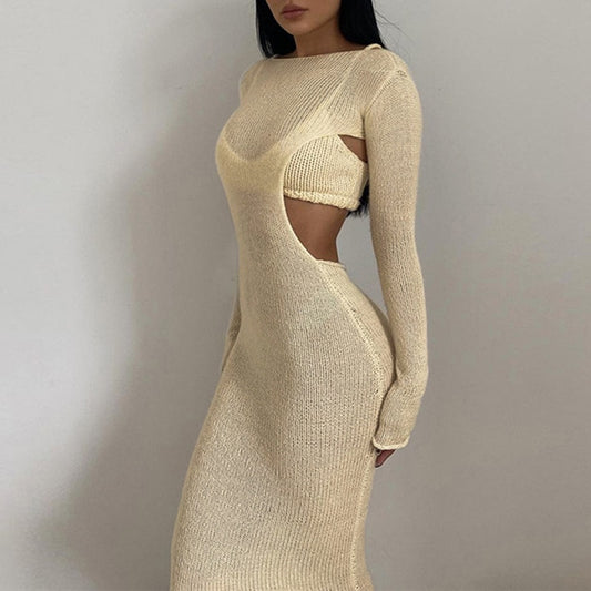 2022 Autumn Winter New Women Fashion Long Sleeve Dress(with Vest) Sexy Slash Neck Bodycon Dress Female Casual Bottom Clothes