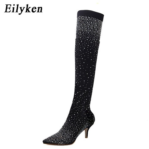 Eilyken Design Fashion Pointed Toe Bling Over Knee Boots Crystal Long Sock Women Thigh High Heel Sexy Club Sock Botas Mujer