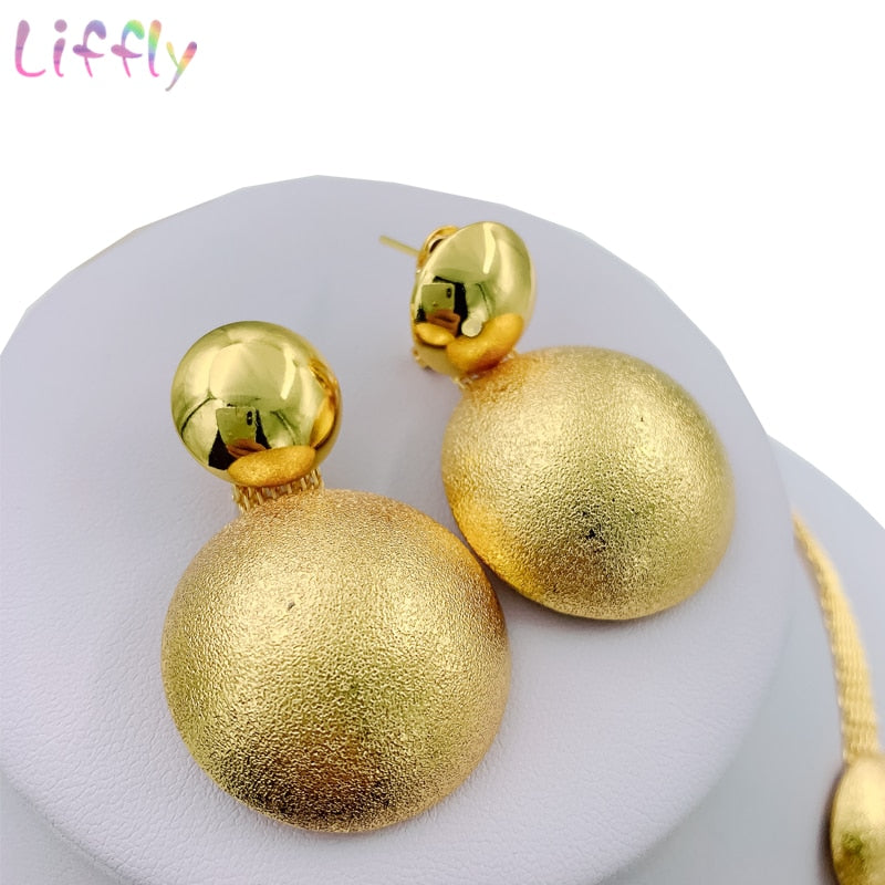Liffly African Jewelry Sets Round Necklace Bracelet Dubai Gold Jewelry Set for Women Wedding Party Bridal Earrings Ring Jewelry