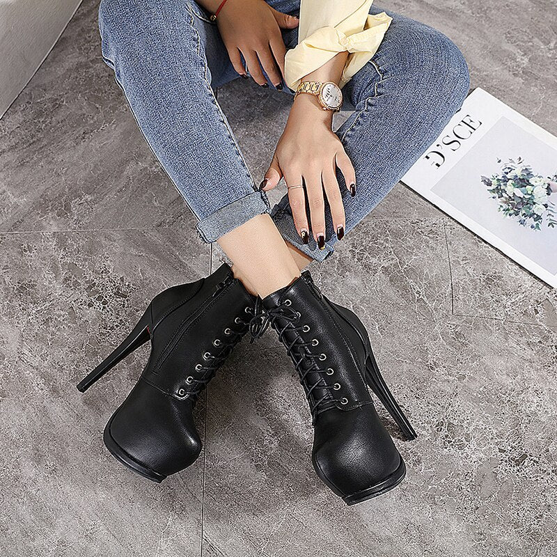 Women Autumn Ankle Boots Sexy High Heels Platform Boots Round Toe Leather Booties Black Shoes Ladies Party Shoes New 2022