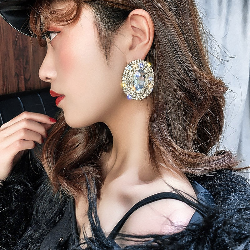FYUAN Geometric Full Rhinestones Stud Earrings for Women Shine Oversize Round Crystal Earrings Weddings Party Jewelry Gift