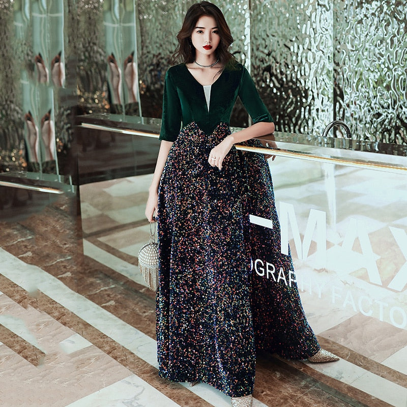 wei yin AE0391 Long Evening Dresses Elegant Sequins Shining Evening Dress V-neck Half Sleeve Party Gowns robe de soiree