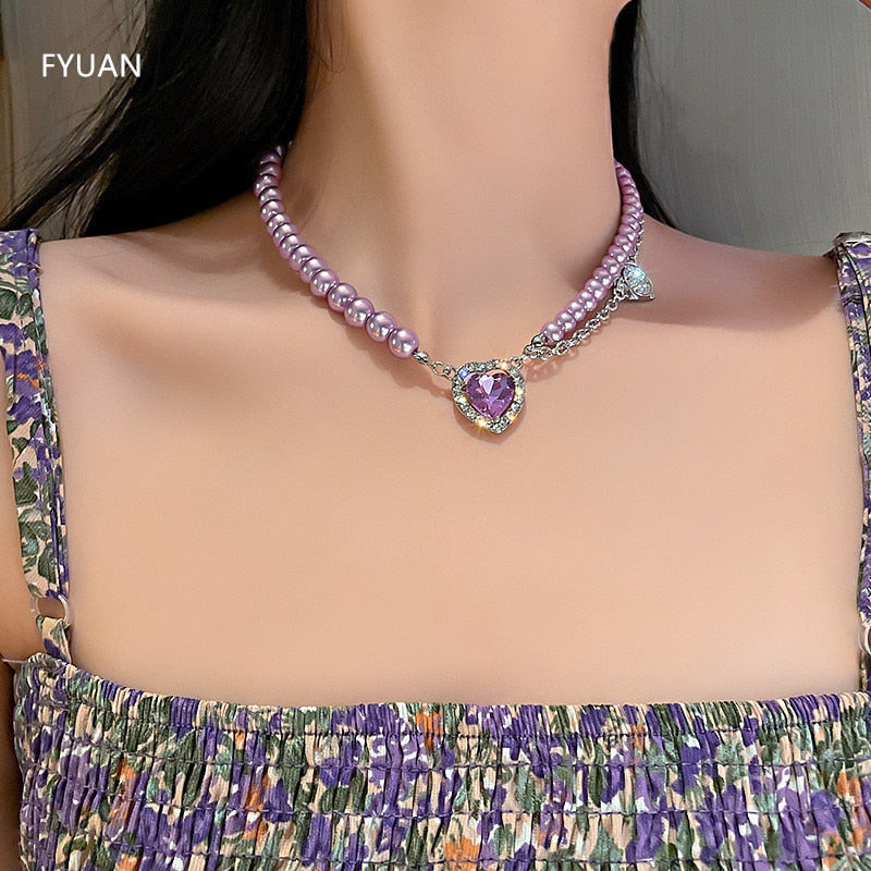 FYUAN Korean Style Heart Crystal Choker Necklaces for Women Purple Pearl Necklaces Party Jewelry Gifts