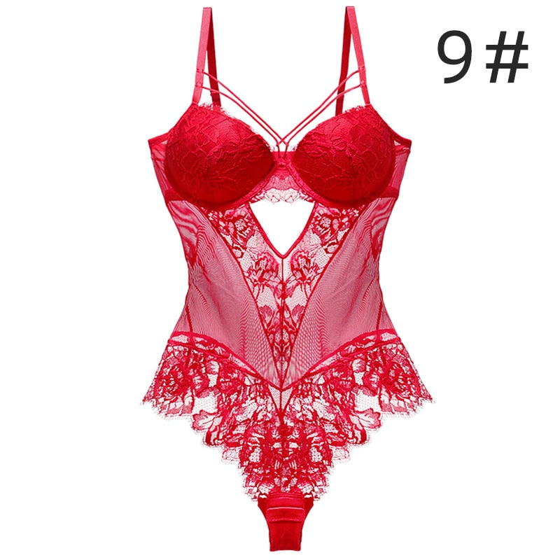 Sexy Lingerie For Women Bodysuit Lace Push Up Underwire Floral Pattern Hollow Out Back Bra and Panties Set Gift For Girlfriend