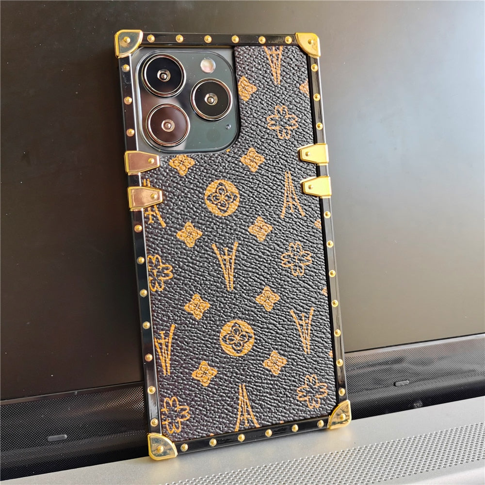Luxury Flower Geometric Pattern Square Leather Phone Case For iPhone 14 PRO MAX 13 PRO 12 11 X XS XR 6S 7 8 14 Plus Soft Cover