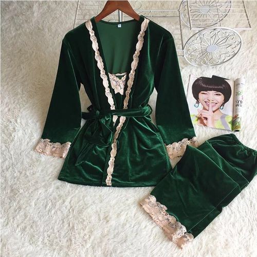 Autumn Winter Warm Pajamas Set Women Sling Deep Gold Velvet Sexy Homewear 3PCS Women Pajama Sets Long Pant Set Robe Women