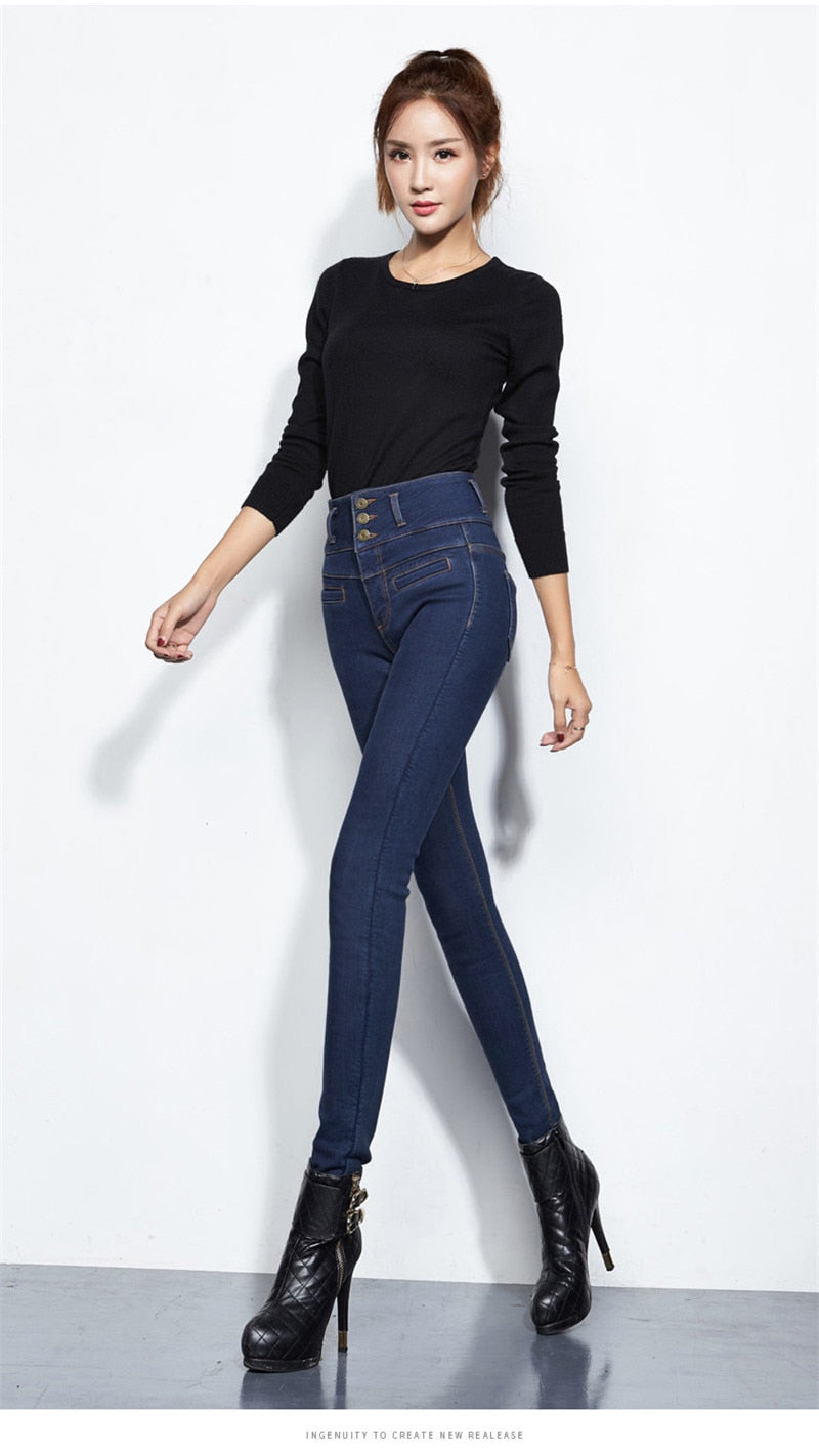 New High Waist Velvet Thick Jeans Female Winter Skinny Stretch Warm Jeans Pants Mom Black Denim Trousers With Fleece Pants P125