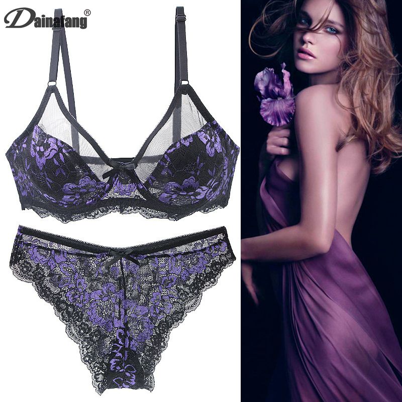 DaiNaFang Ultra-Thin Thick BCDE Cup Mesh Lace Underwear Transparent Bra Sets Beauty Back Hollow Embroidery Female Lingerie