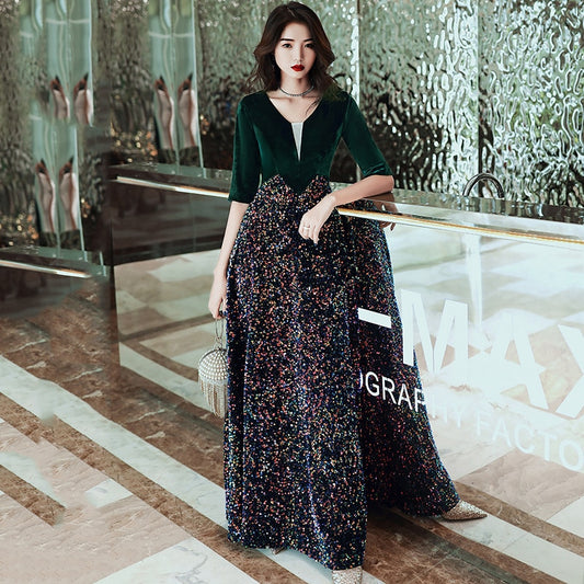 wei yin AE0391 Long Evening Dresses Elegant Sequins Shining Evening Dress V-neck Half Sleeve Party Gowns robe de soiree