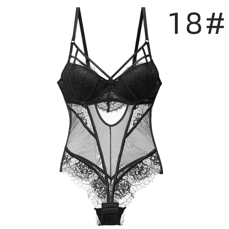 Sexy Lingerie For Women Bodysuit Lace Push Up Underwire Floral Pattern Hollow Out Back Bra and Panties Set Gift For Girlfriend