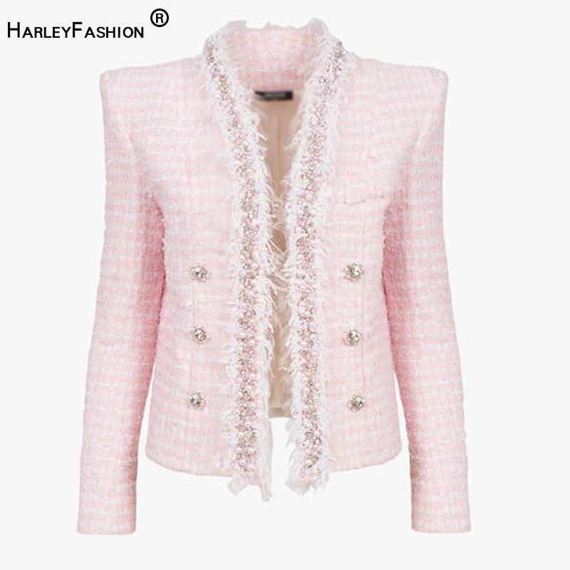 HarleyFashion Winter Women Pink Tweed Jacket Cardigan Tassel Beading Luxury Quality Sweet Thick Coat
