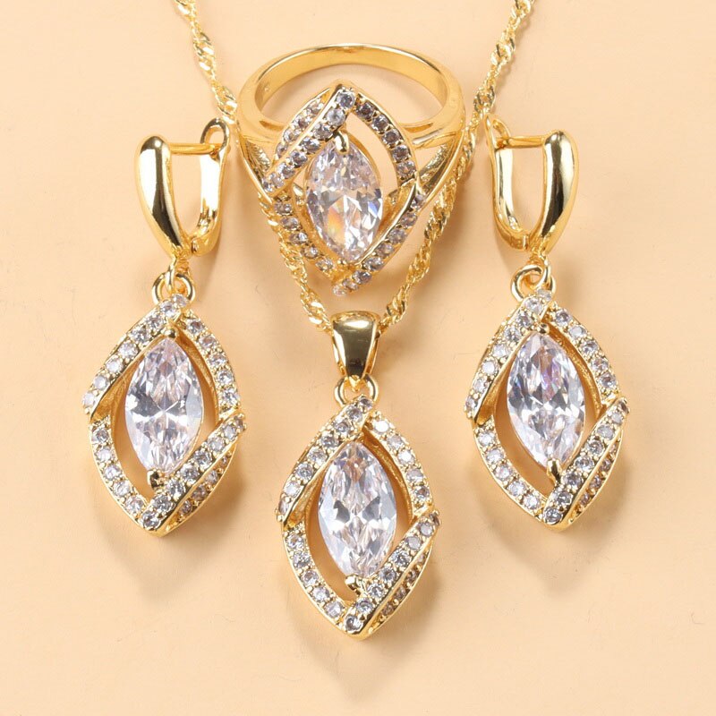 African Bridal Fashion Wedding Jewelry Sets Yellow Gold Colors Women Costume Blue Stone Bracelet And Ring Necklace Sets