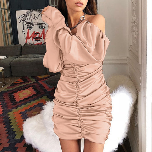 long puff sleeve slash neck satin pleated sexy mini dress autumn winter women solid party elegant streetwear outfi