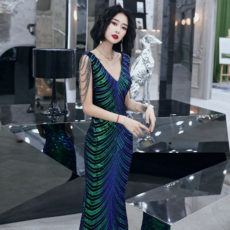wei yin AE0298 Robe De Soiree New Style Sexy V-neck Sleeveless Mermaid Green Long Evening Dresses Elegant Abendkleider
