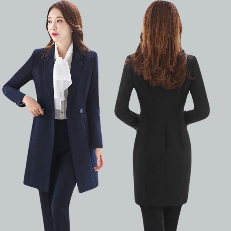 Vestido deHigh Quality Fabric Fall Winter Women Blazers Suits Uniform Designs Business Ladies Office Suits With Long Windbreaker