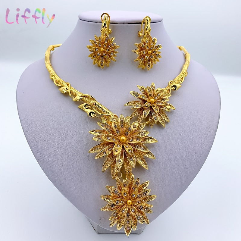 Dubai Fashion Jewelry Sets Necklace Bracelet Flower Shape Pendant Earrings Ring Crystal Jewelry Dubai Bridal Wedding Jewelry