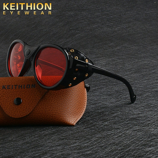 KEITHION  Retro Round Punk Steampunk Sunglasses For Men Leather Side Shield Male Sun Glasses UV400 Eyewear Red