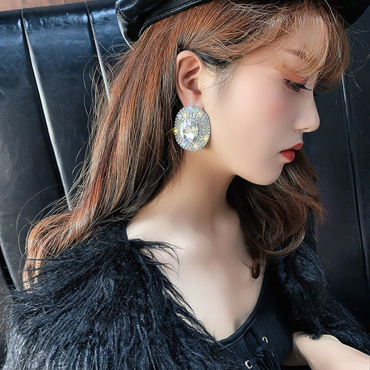 FYUAN Geometric Full Rhinestones Stud Earrings for Women Shine Oversize Round Crystal Earrings Weddings Party Jewelry Gift