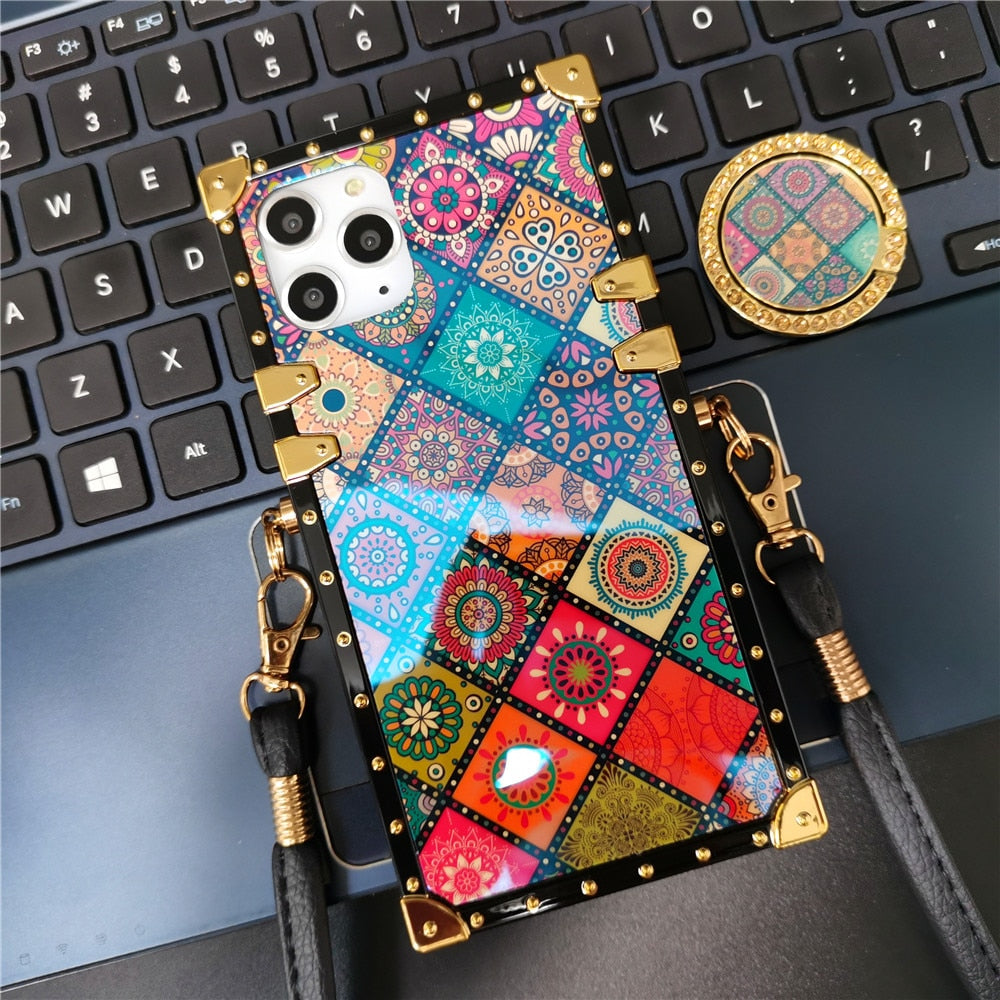 Luxury Glitter Flower Cover Square Lanyard Strap Case for iPhone 12 PRO MAX XS X XR 11 13 PRO 14 PRO MAX 7 8 14 Plus Phone Cases