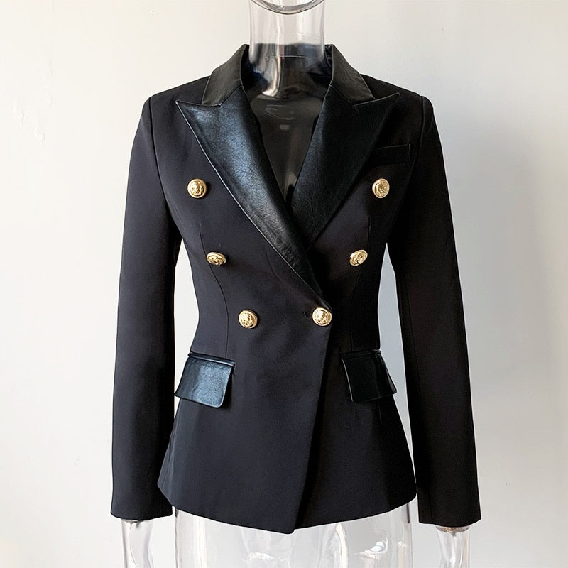 HarleyFashion 2022 Spring Autumn Quality European Design PU Leather Collar Slim Black Blazer OL Formal Classic Fittness Blazers