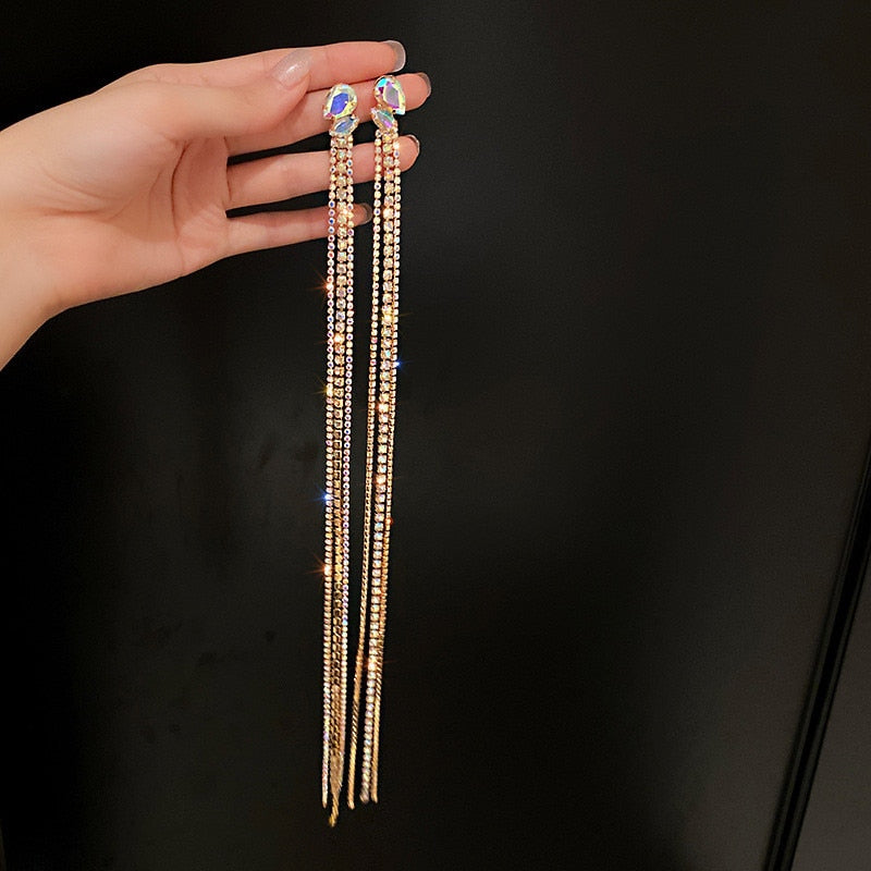 FYUAN Geometric Colorful Rhinestone Earrings for Women Oversize Long Tassel Crystal Dangle Earrings Statement Jewelry