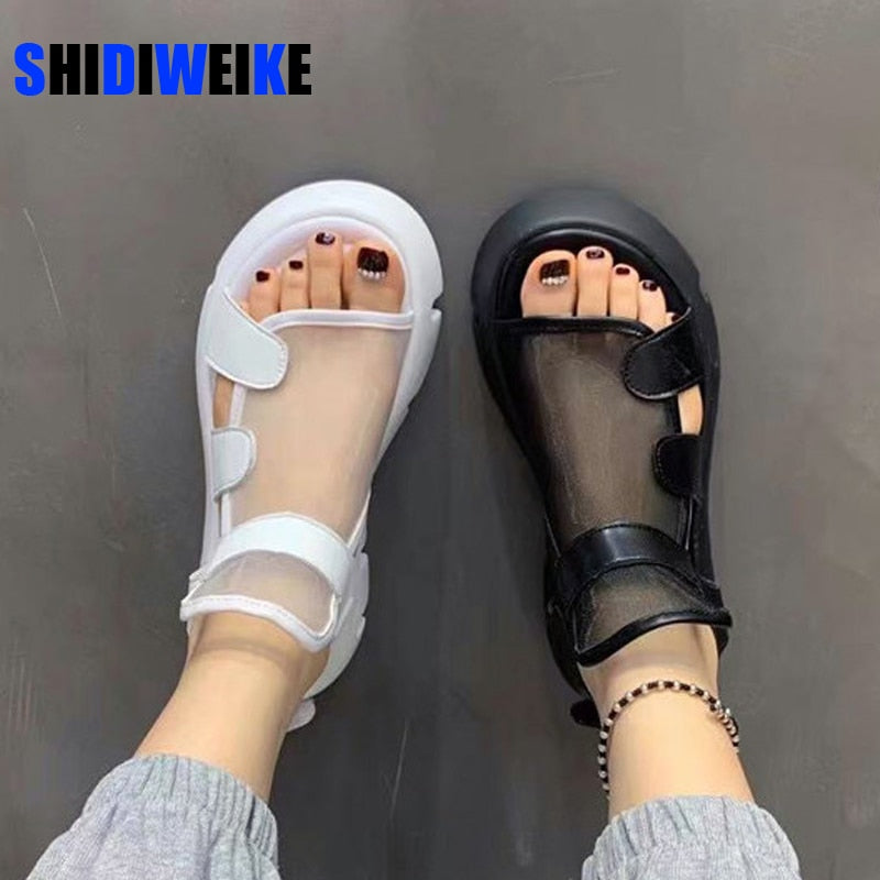 Sandals women 2022 summer new fashion thick-bottomed breathable Eugene yarn mesh magic paste Roman sandals Hook &amp; Loop AD1255