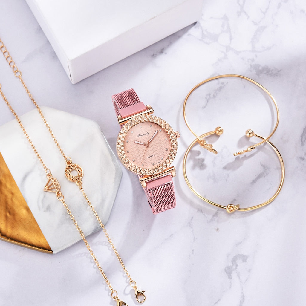 Luxury 5pcs Set Bracelet Watch Women Elegant Magnet Diamond Ladies Quartz Wrist Watch Dress Pink Clock Reloj Mujer Dropshipping