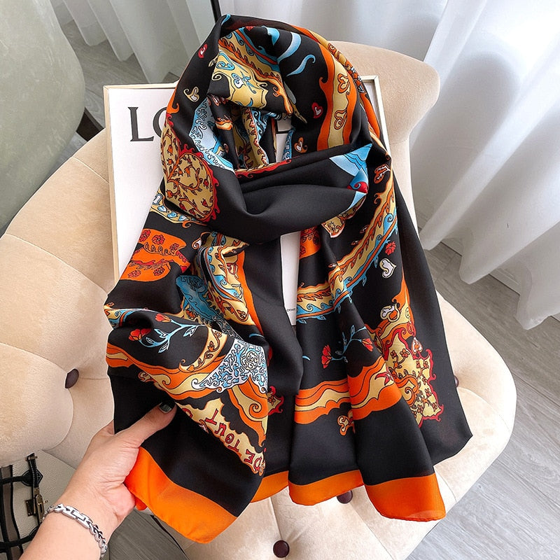 Women Summer Silk Scarves Shawl 180*90cm Luxury Brand Printed Lady Wrap Soft Female Echarpe Beach Scarf Foulard Pareo