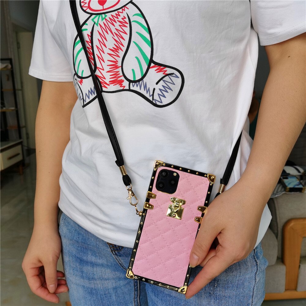Fashion Plaid Square Leather Case for iphone 14 PRO MAX 11 12 PRO XS XR X 7 8 14 Plus Lanyard Strap Cover for iphone 13 PRO MAX