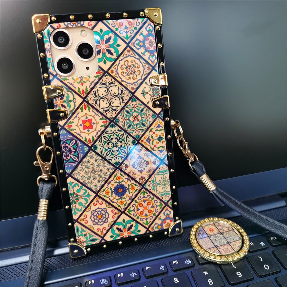 Luxury Vintage Flower Case For iPhone 13 PRO Max XS X XR Square Plaid Cover Lanyard Case for iphone 14 12 PRO 11 6S 7 8 14 Plus