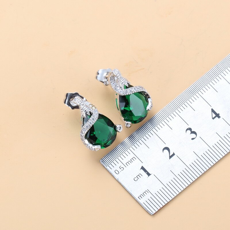 Enchanting Water Drop Green Stone 925 Mark Jewelry Sets Stud Earrings/Necklace/Pendant/Ring For Women Wedding Gift