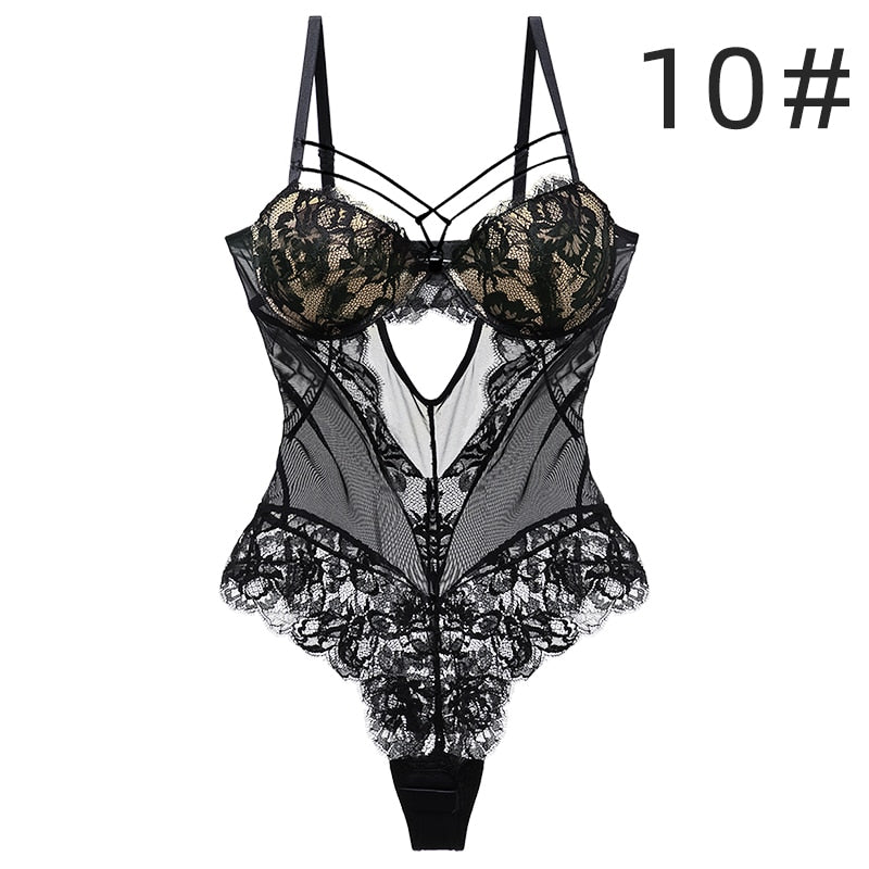 Sexy Lingerie For Women Bodysuit Lace Push Up Underwire Floral Pattern Hollow Out Back Bra and Panties Set Gift For Girlfriend